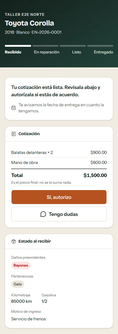 Página que ve el cliente en su celular: avance de su auto, cotización con total y botones Sí, autorizo y Tengo dudas.