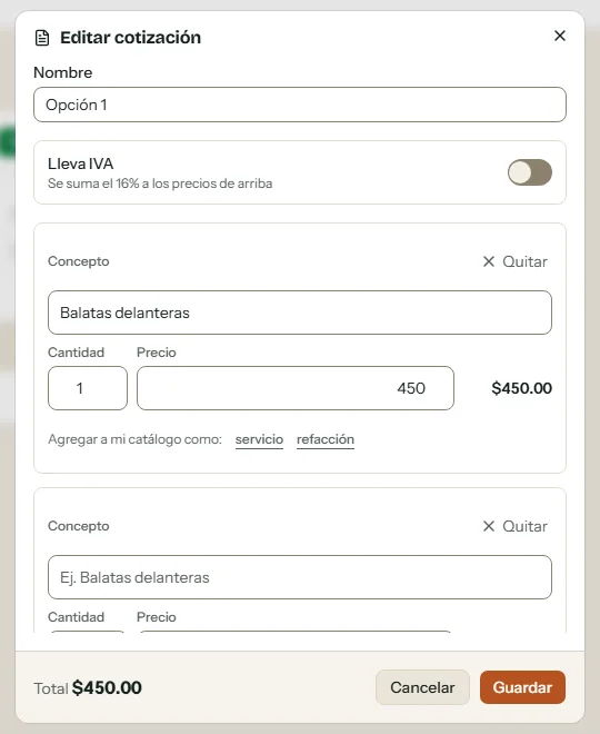 Ventana para editar una cotización: nombre de la opción, conceptos con cantidad y precio, y la opción de agregar el concepto a tu catálogo.
