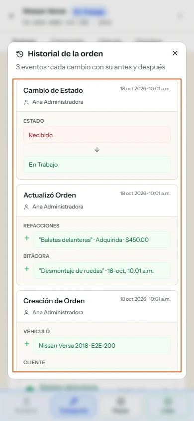 Historial de una orden: cada cambio con quién lo hizo, qué decía antes y qué dice ahora.
