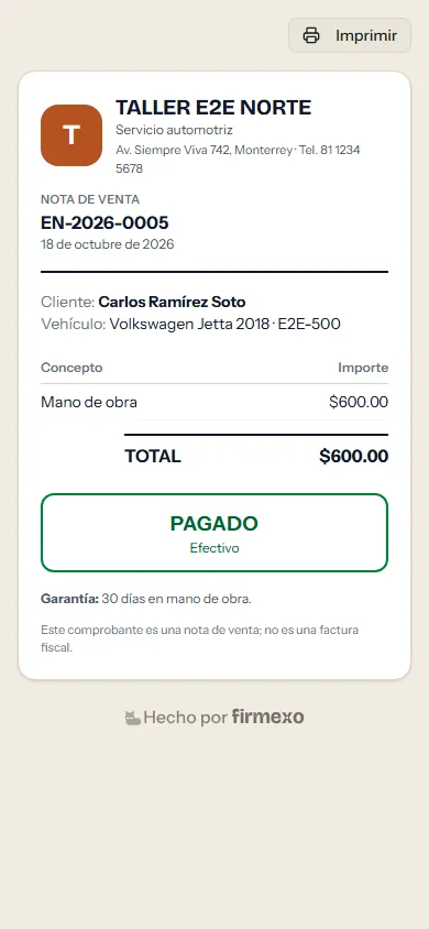 Nota de venta con logo del taller, folio, conceptos, total y sello de pagado en efectivo.